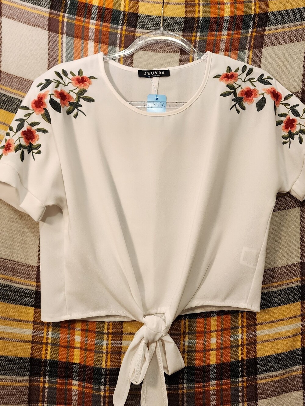Oeuvre White Floral Embroidered Top With Tie.